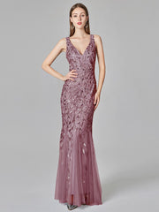 2023 Silver Gray Elegant Fashion Evening Dresses Sexy Simple V Collar Open Back Sleeveless Embroidered Beads Fishtail Dress Gown