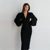 Deep V-Neck Midi Bodycon Dress Autumn Lantern Sleeve High Waist Elegant Night Club Party Dresses For Women