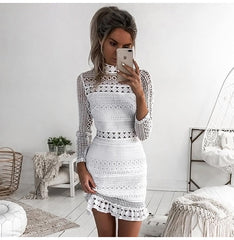 Hoobd Sexy White Lace Stitching Hollow Out Party Dresses Elegant Women Short Mini Summer Casual Dresses Clothes For Women