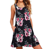 Women Summer Floral Print Medium Casual Beach Cover Up Plain Pleated Tank Dress