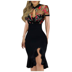 Women Summer Dress For Women Clothing 2023 Slit Ruffles Hem Floral Pattern Slimming Lace Long Sleeve Dress With Side Slits