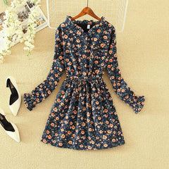 New Spring Autumn Women Dress Velvet Floral Dress Long Sleeve Female Elastic Waist Shirt Dresses Party Vestidos Femme