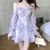 Hoobd Purple Off Shoulder Kawaii Dress Women Ruffle Patchwork Sweet Party Mini Dress Female Korean Fashion Slim Sexy Fairy Dress 2023
