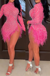 Hoobd Rhinestone & Beaded Decor Striking Tassel Irregular See-Through Mini Dress