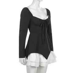 Hoobd Patchwork Slim Ball Gown A-Line Dress Vintage Quare Collar Long Sleeve Mini Dresses For Women Elegant Fashion Lady