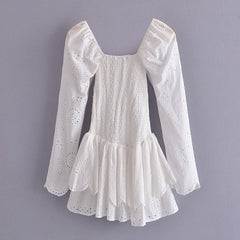 2023 Summer Autumn Long Sleeve Elegant Embroidery Mini Dress Women Long Sleeve Cotton Smocked Bodice Sexy Woman Dress