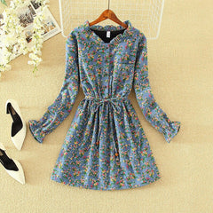 New Spring Autumn Women Dress Velvet Floral Dress Long Sleeve Female Elastic Waist Shirt Dresses Party Vestidos Femme