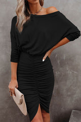 Women Vintage Off the Shoulder Front Split Sheath Party Dress Long Sleeve O neck Elegant Casual Mini Dress 2023 Spring Fashion