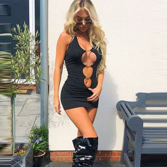 Sexy Halter Summer Women'S Dress Solid Hollow Out Metal Ring Harajuku Bandage Bodycon Dresses Party Club Vestidos Outfit