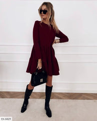 New Spring Autumn Dress Women Elegant O-Neck Long Sleeves Multi-layer Ruffles Hem Solid Party Dresses Casual Slim Vestidos