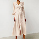 Beige Single Breasted Sexy Dress Party Clud High Waist Satin Long Dress Elegant V Neck Women Midi Dresses Lantern Sleeve