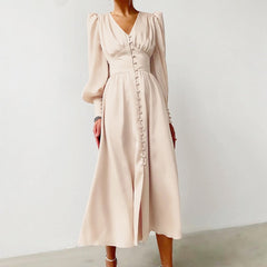 Beige Single Breasted Sexy Dress Party Clud High Waist Satin Long Dress Elegant V Neck Women Midi Dresses Lantern Sleeve