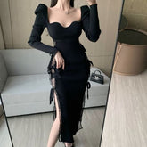 Bodycon Sexy Party Midi Dresses Women Black Elegant Evening Split Dress Ladies Korean Style Night Dresses Autumn Winter New