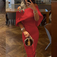 Women Casual Solid Color Long Dress Elegant Off Shoulder Cape Design Skinny Party Dress Autumn Fashion Back Bow Dress Vestido