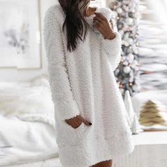 Winter Women Warm Dress Elegant O Neck Simple Casual Loose Women Plush Mini Dresses Long Sleeve Warm Party Dress Vestidos