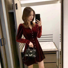 Autumn Winter women's Velvet Dress Red Sexy slim Pleated Short Dress Elegant V Neck Long Sleeve Button Party Dresses for Women