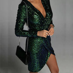 Elegant Deep V-Neck Sequin Bodycon Mini Dress Autumn Long Sleeve Party Dress Lady Fashion Draped Solid Women Slim Dress Vestido