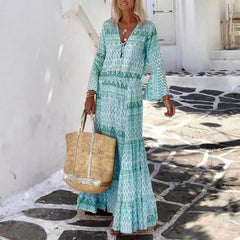 Women Vintage Geometric Print Long Party Dress Elegant Flare Sleeve Long Beach Dress Sexy Spring Summer V Neck Maxi Dresses