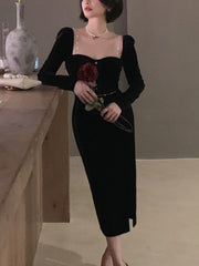 Black Sexy Elegant Dress Women Autumn France Vintage Evening Party Midi Dresses Casual Designer Korean Fashion Clothing New