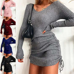 Winter Party Dresses For Women Women's Dress Knitted Drawstring Sexy Mini Dress Autumn Winter Elegant Fashion V-Neck Long Sleeve Bodycon Party Dresses Female