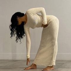 Hoobd New Knitted Bodycon Dress Fairy Grunge Casual Fashion Streetwear Women Autumn Y2K Solid O-neck Long Sleeve Maxi Dresses