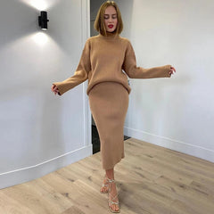 New Women's Knitted Set Fashion High Neck Long Sleeve Pullover & High Waist Tight Skirt 2-piece casual suit