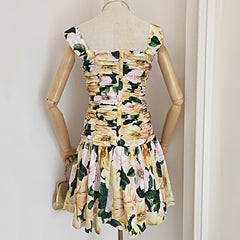 2023 Summer Woman Sleeveless Tube Top Collar Sling Print Vintage Sexy Sweet Mini Dress Korean Women A-line Pleated Holiday Dress