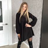 O-Neck Folds Lantern Sleeve Casual Dresses Autumn Solid Color A-Line Loose Comfort High Waist Dress For Women New