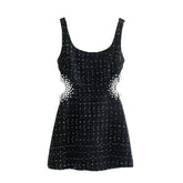 New Women Vintage Tweed Black Plaid Hollow Out Dress Female Casual Pearl Decoration Slim Square Collar Mini Dresses