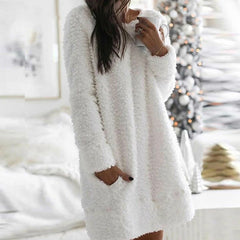 Winter Women Warm Dress Elegant O Neck Simple Casual Loose Women Plush Mini Dresses Long Sleeve Warm Party Dress Vestidos