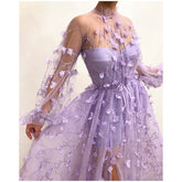 2023 Fashion Floral Long Sleeve Women Autumn Long Party Dress Sexy Mesh Tulle Purple Maxi Dress Vestidos De Mujer