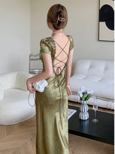 Elegant Women Green Satin Backless Evening Dress Ladies Lace Bandage Vintage Jacquard Mixi Dresses Party Vestidos Summer Robe
