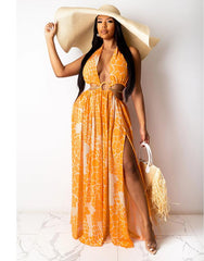 New Bohemian Beach Dress for Women Halter Deep V Neckline Print Party Gowns Side Split Sexy Vacation Dress