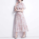 2023 Summer ZA Women's Dress Clothing Elegant Light Pink Petal Sleeve Print Drawstring Vintage Casual Party Dresses Traf
