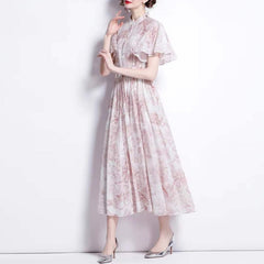 2023 Summer ZA Women's Dress Clothing Elegant Light Pink Petal Sleeve Print Drawstring Vintage Casual Party Dresses Traf