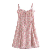 Cute Fashion Ruffle Folds Floral Print Lace-Up Spaghetti Strap Dress