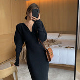 Elegant Long White Knitting Dress Women Winter V-Neck Long Sleeve Bodycon Dress Korean Office Lady High Waist Vintage Dress