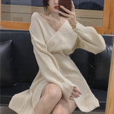 Hoobd Atumn Knitted Dress Women Long Sleeve V-Neck Sexy Pure Color Elegant Sweater Mini Dress Female Party One Piece Dress Korean