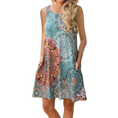 Women Summer Floral Print Medium Casual Beach Cover Up Plain Pleated Tank Dress