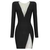2023 New Summer New Women's Sexy V-neck Mesh Diamond Long Sleeve Bodycon Bandage Dress Fashion Celebrity Party Dress vestido