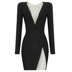 2023 New Summer New Women's Sexy V-neck Mesh Diamond Long Sleeve Bodycon Bandage Dress Fashion Celebrity Party Dress vestido