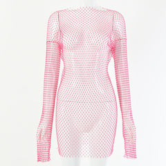 Diamond Sexy Bodycon Dress Women Hollow Out Long Sleeve Mini Dress Summer See Through Party Vestidos Mujer Verano
