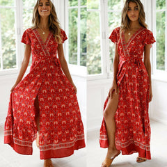 Women Bohemian V Neck Summer Maxi Dress Butterfly Short Sleeve Floral High Split Long Dress Wrap High Waist Bandage Sundress