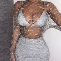 Diamond Sexy Bodycon Dress Women Hollow Out Long Sleeve Mini Dress Summer See Through Party Vestidos Mujer Verano
