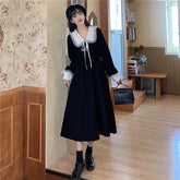Sweet Lace Peter Pan Collar French Elegant Long Sleeve Lace-Up Fairy One Piece Dress