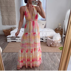 Summer Bohemian Dress Women Gradient Print Halter Dresses Sexy Deep V Neck Backless Bow Holiday Vacation Beach Dresses