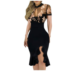 Women Summer Dress For Women Clothing 2023 Slit Ruffles Hem Floral Pattern Slimming Lace Long Sleeve Dress With Side Slits