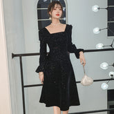 Korean Square Collar Sequins Elegant Velvet Dress Women Flare Long Sleeve Backless Maxi Dress Office Lady High Waist Slim Dress