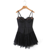 Romantic Women Lace Patchwork Sexy Sling Dress Ladies Satin Chiffon Super-Short Dress Summer Beach Vestido