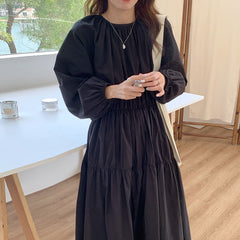 Autumn Chic O-neck Folds Puff Sleeve High Waist Solid Color Dresses